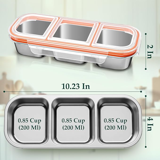 QCQHDU Snack Containers, Reusable Stainless Steel 3 Compartment Condiment Metal Bento Lunch Box with Lids, Divided Snack Food Storage Lunchable Containers for Home, Work, Travel, Camping, 5 Pack