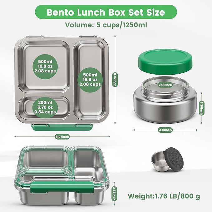 Stainless Steel Bento Box Kids Adult with 7oz Soup Thermo, Transparent Lid 3 Compartments Metal Bento Lunch Box with Insulated Food Jar,Lunch Box Container Sauce Cup for School,BPA-Free(Green)