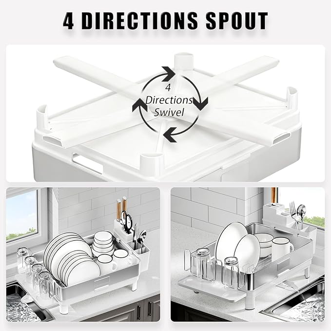 Dish Drying Rack, 304 Stainless Steel Dish Racks for Kitchen Counter, Dish Drainers with Automatic Drainage, Utensil Holder & Cups Holder, Space Saving Kitchen Organizer, White