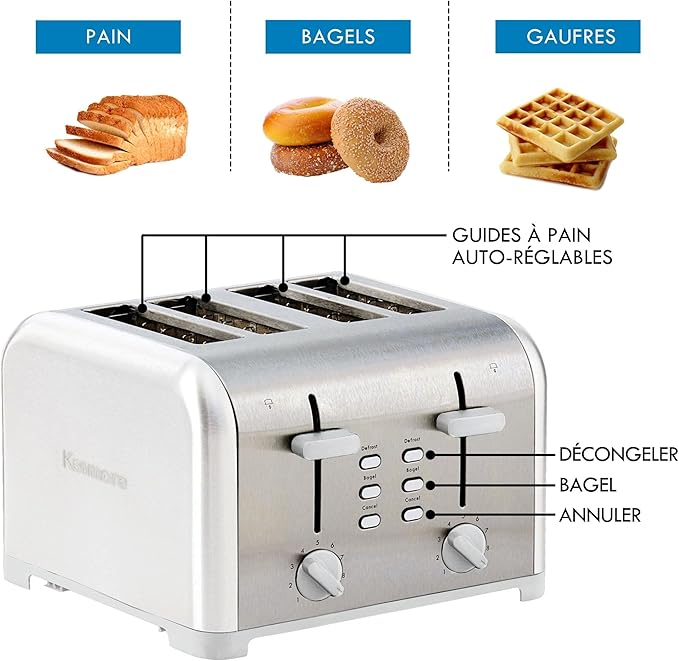 Kenmore toaster 4 slice - extra wide slot countertop kitchen appliance, defrost function, tostador de pan, 9 shade settings, compact design, easy clean crumb tray, bread bagel, stainless steel & White