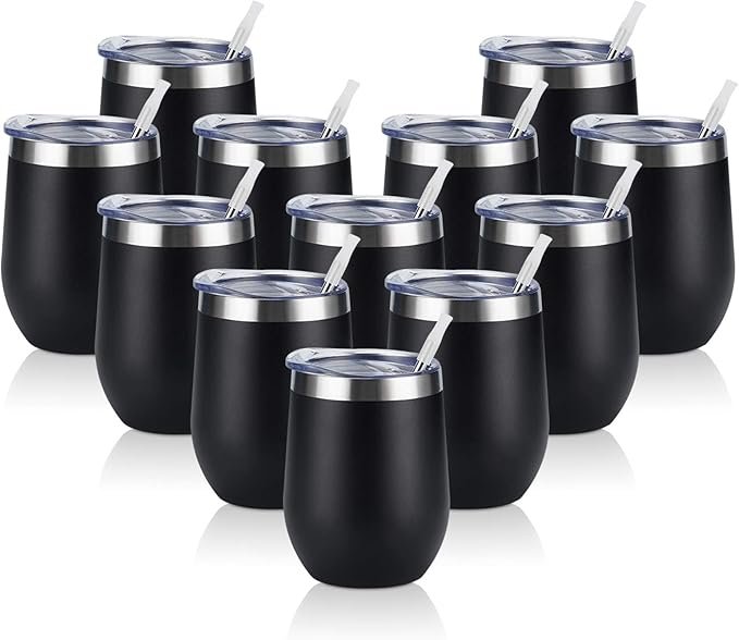 12 Pack Stainless Steel Wine Tumblers, 12Oz Double Wall Vacuum Insulated Wine Tumblers with Lids and Straws, Stainless Steel Stemless Wine Glasses for Coffee, Wine, Cocktails, Champaign, Black