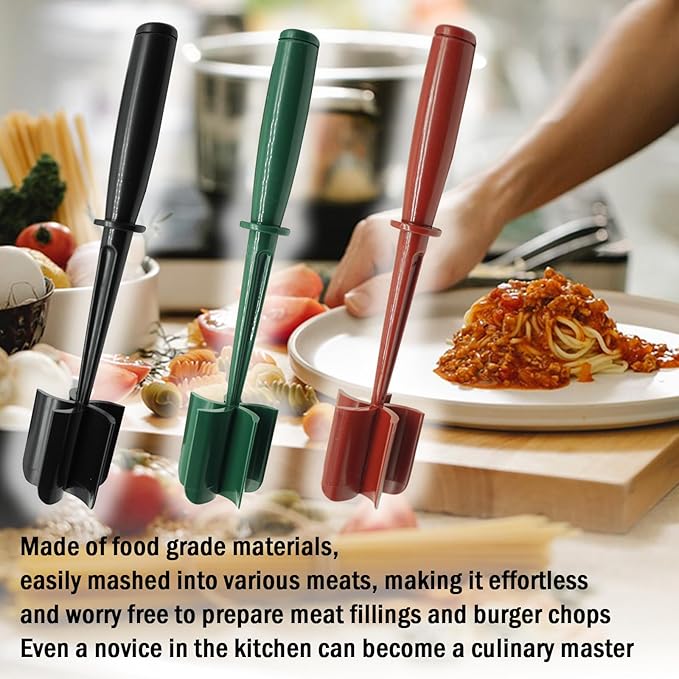 3pcs Bounbal Manual Food Chopper,Nylon Heat Resistant Hand Tool for Meat,Ground Beef,Hamburger,Potato,Fruit,Vegetable and More 3-color outfit(Black,Green,Red)