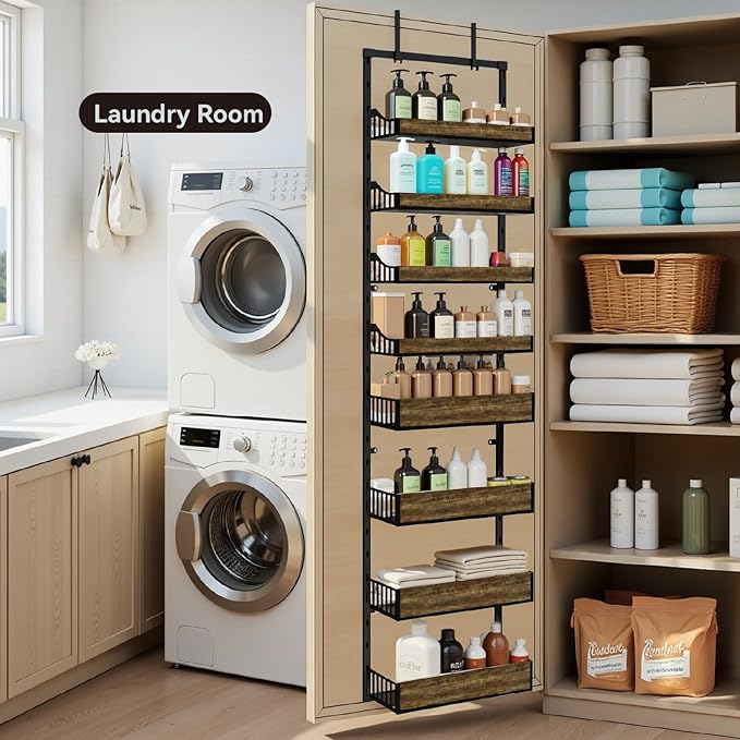 Over the Door Pantry Organizer, 8-Tier Door Spice Rack Organizer Pantry, Behind the Door Storage Organizer with Adjustable Baskets, 2 in 1 Wall Mount or Hanging Back of Door Organizer