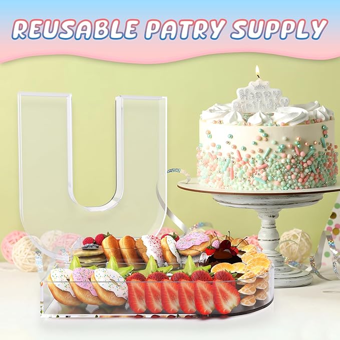 13.8" Extra Large Acrylic Letter Charcuterie Board Box, Reusable Fillable Letter Cake Candy Dish Display Serving Tray for Birthday Anniversary Party Decoration (U)