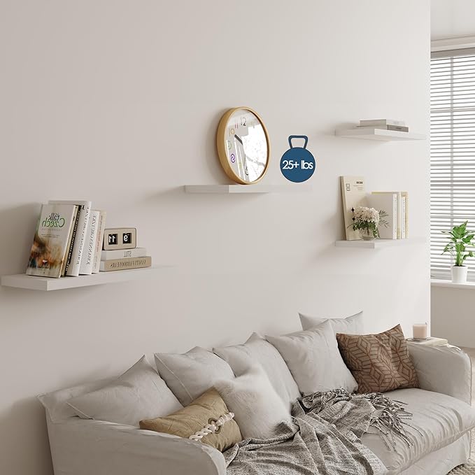 Wall Shelf Set of 3, White Floating Shelves 24 in W x 10 in D x 1 in H, Wooden Floating Wall Shelf with Invisible Brackets for Living Room/Bedroom/Bathroom/Kitchen Storage and Decor