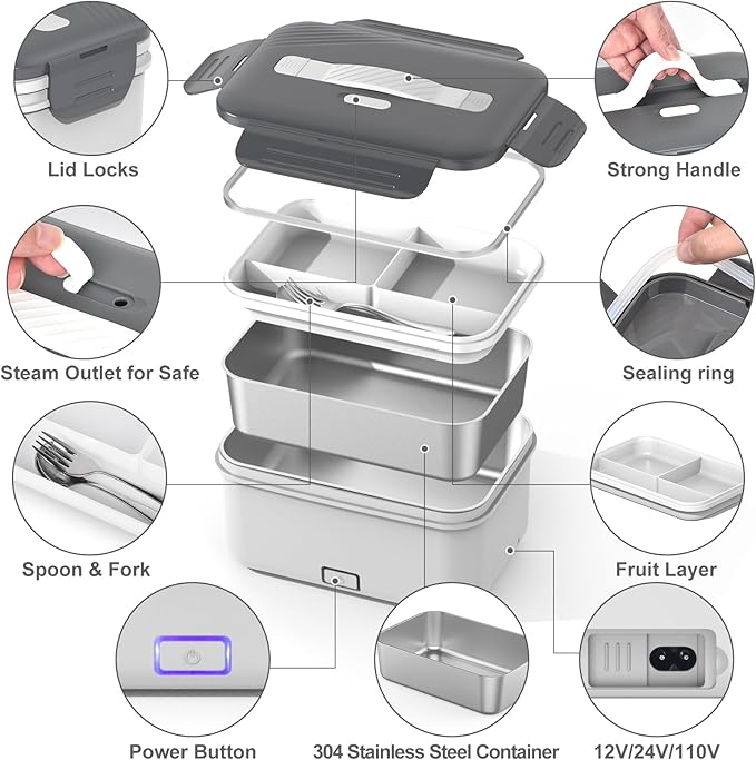 Electric Heated Lunch Box for Car Truck Home 1.8L 100W Portable Food Warmer with 12V/24V/110V/220V Hot Meal for Work Travel Jobsite Camping Christmas Gifts White Elephant Gifts for Adults/Men/Woman