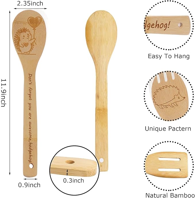 5PCS Hedgehog Wooden Cooking Spoons Set Hedgehog Gifts for Women Kitchen Decor Bamboo Cooking Utensil Spoons for Housewarming Wedding Anniversary Thanksgiving Christmas Gifts Mom Women