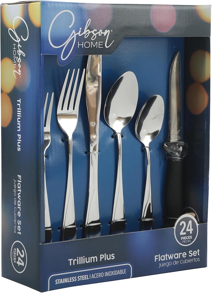Gibson Home Trillium Plus 24-Piece Stainless Steel Flatware Utensil Set with Steak Knives – Silverware Service for 4 with Teardrop Handle Design