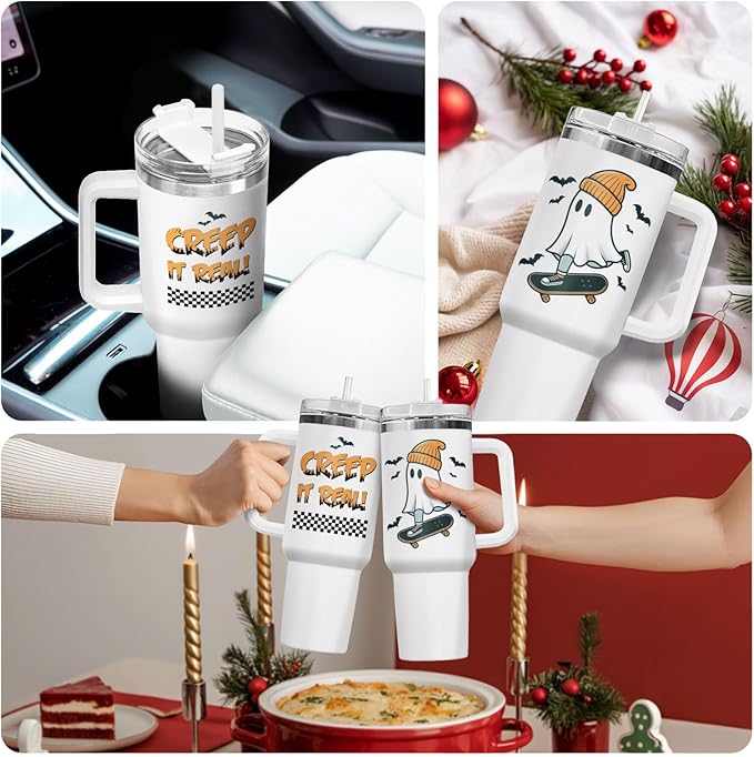 34HD Boo Ghost Tumbler with Handle & Straw, 40oz Skateboarding Cup, Creep It Real Mug, Skateboard Gifts for Boy Men Women, Cool Gifts for Halloween Birthday Halloween