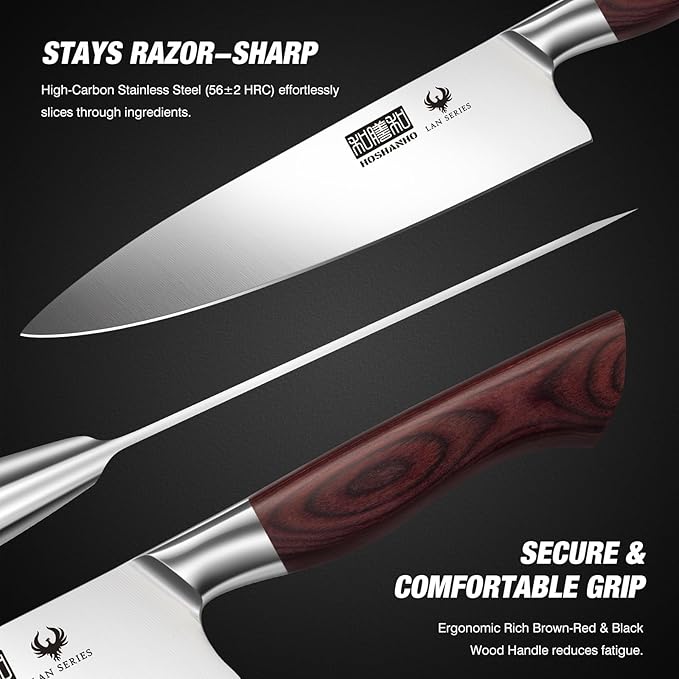 HOSHANHO 5-Piece Japanese Style Kitchen Knife Set,Professional Ultra Sharp High-Carbon Stainless Steel Chefs Knives with Ergonomic Wood Handle,Elegant Box Packaging