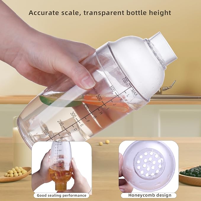 Plastic Bar Cocktail Shaker with Measuring Jigger Set,Hand Drink Mixer Boba Tea Shaker Cup with Scales,Bar Tool Transparent Protein(700ML)