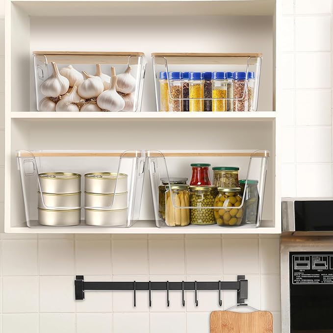 Pantry Organizers and Storage, Stackable Plastic Pantry Organizer with Lid & Handle for Kitchen Counter, Fridge for Fruit, Potato, Onion, Vegetable, 3 Set (Clear - 2 Large Bin & 1 Medium Bin)