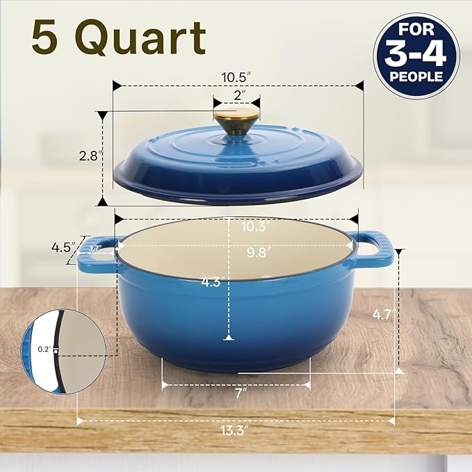 ROVSUN 5 Quart Enameled Cast Iron Dutch Oven with Lid, Dual Handles, Oven Safe up to 500°F or on Stovetop, Compatible for Braising, Stews, Roasting, Bread Baking-Blue