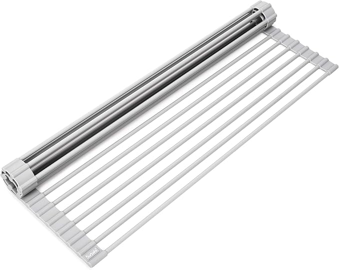 Surpahs Roll-Up Dish Drying Rack, Warm Gray, 20.5" x 13.1", Fits Sinks up to 19" Wide, Silicone-Coated Stainless Steel