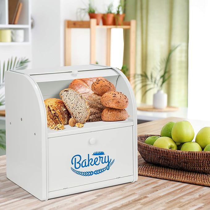 Bread Box, Metal Bread Box for Kitchen Countertop, 2 Layer Roll Top Bread Boxes, Stainless Steel Bread Storage, Kitchen Counter Bread Bin, Airtight Holder for Homemade Bread（White）