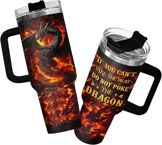34HD Dragon Coffee Tumbler with Handle & Straw, 40oz Do Not Poke The Dragon Mug, Gifts for Fathers Day Birthday Christmas, Unique Gifts for Dad Brother Friend Uncle Boyfriend Boy