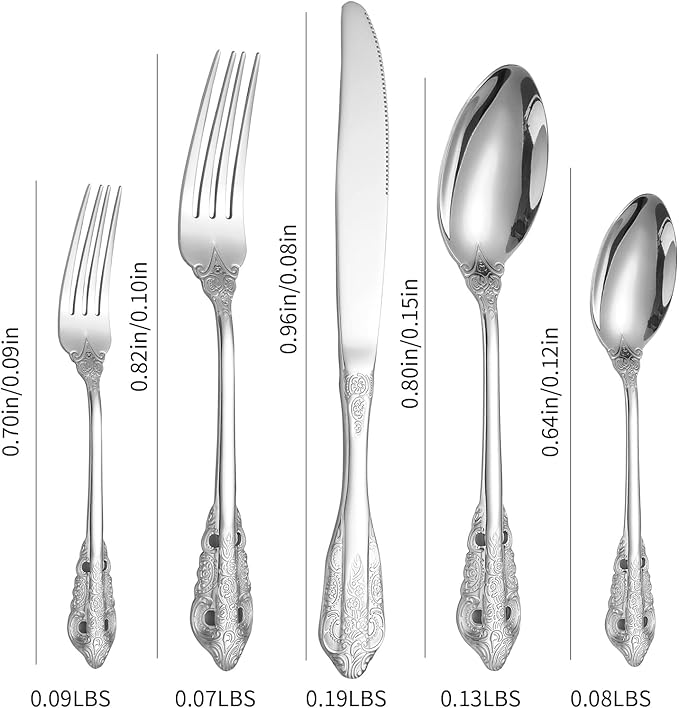 Antique Silverware Set for 8 Silvery Royal Flatware Stainless Steel 40 Pieces Eating Utensils Vintage Fork Knife Spoon Luxury Home Kitchen Restaurant Festival Parties
