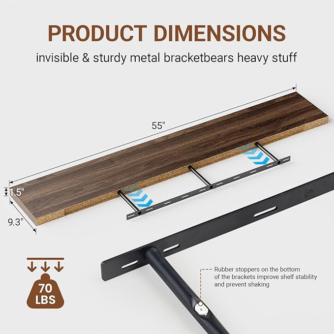 Heimlove 9.3" Deep Floating Shelves for Wall,Long Floating Shelf Set of 2,Wall Mounted Shelves for Bathroom Bedroom Living Room Kitchen Office,Books Storage Room (55" Wx9.3 Dx1.5 H,Set of 2, Walnut