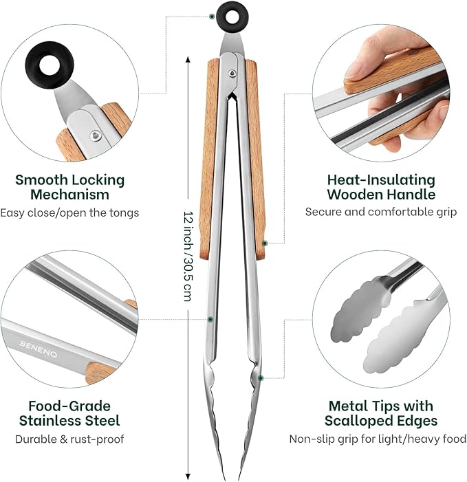 Beneno 12-Inch Stainless Steel Kitchen Tongs for Cooking with Heat-Insulating Wooden Grip Handle, Heavy Duty Heat-Resistant Metal Locking Tongs with Strong Scalloped Tips for Cooking, BBQ, Grab Food