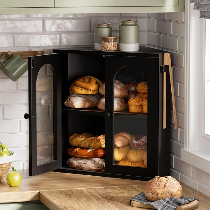 WOWLIVE Corner Bread Box for Kitchen Countertop, 2 Tier Bamboo Bread Storage Container for Homemade Bread with Clear Acrylic Door Panel, Bread Bin Farmhouse Breadbox Organizer (Black, Extra Large)