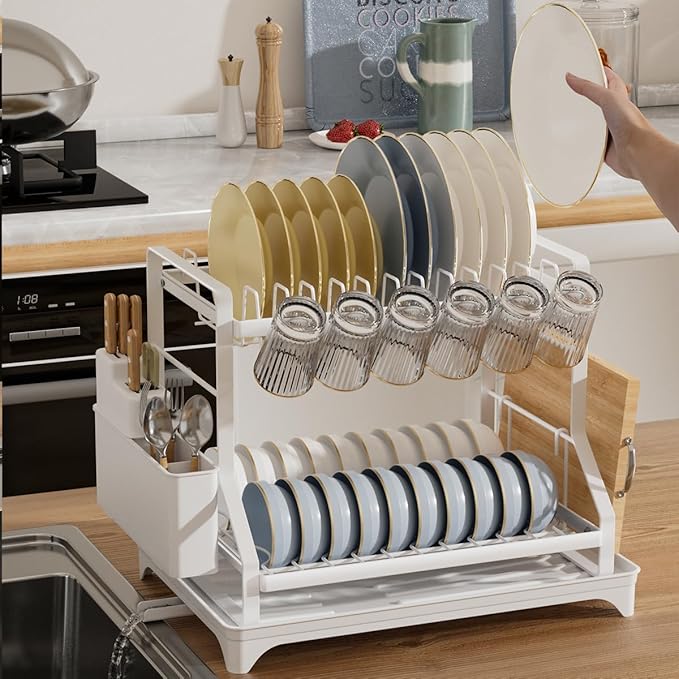 2-Tier Dish Drying Rack, White Metal Large, Space Saving Countertop Mount with Drainboard, Utensil Holder, 16.5x12.7x13.3 Inches