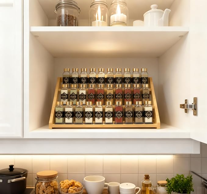 Bamboo Spice Rack: Large Spice Shelf for Kitchen Countertop Pantry Cabinet Organizer, Holds 24 Spice Jars (2.1")