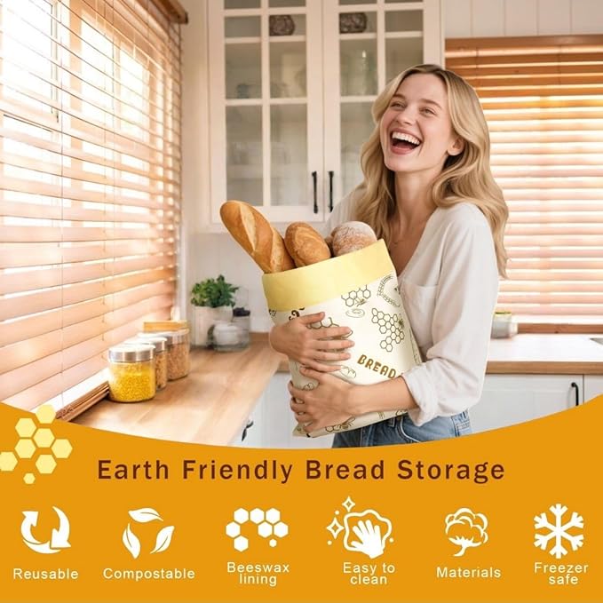Reusable Beeswax Bread Bags for Sourdough & Homemade Bread - 2 Pack Extra Large (17x12in) Organic Cotton Linen Storage Bags | Freezer Safe, Eco-Friendly, Plastic-Free Freshness Keeper