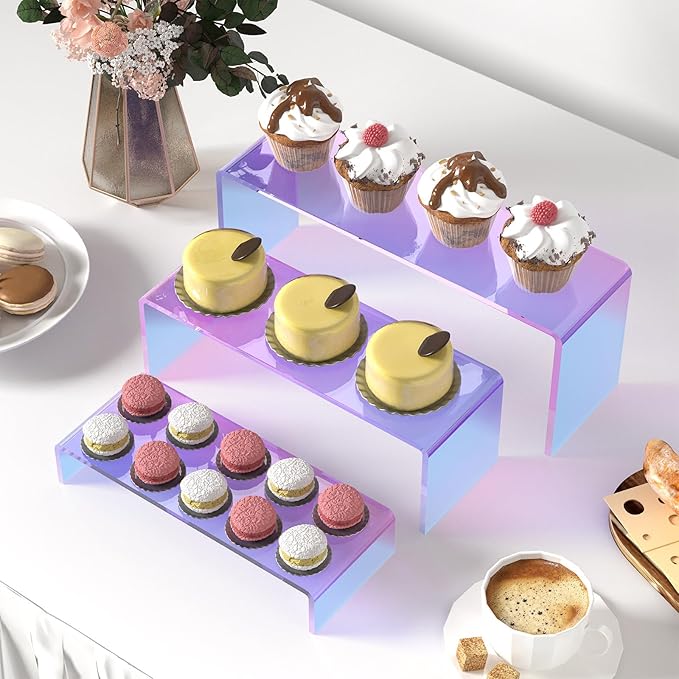3Pcs Iridescent Acrylic Riser Display Stands, Acrylic Risers for Display for Food Risers Dessert Cupcake, Jewellery, Collectibles, Puppets, Anime Characters, Characters acrylic risers