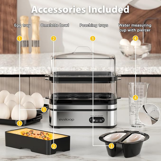 Evoloop Rapid Egg Cooker Electric 12 Eggs Capacity, Soft, Medium, Hard Boiled, Poached, Omelet Maker Egg Poacher & Vegetable Steamer, BPA Free Tray