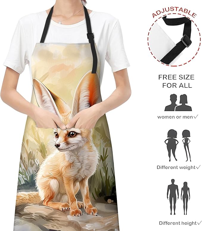 Adorable Fennec Fox Apron for Women Men, Cooking BBQ Chef Polyester Lightweight Cute Animal Aprons with Pockets for Baking Kitchen Gardening Cleaning, Adjustable Neck Strap, 28×33inch