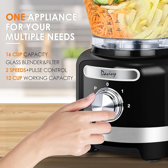 Davivy 16 Cup Food Processor & Blender Combo – 10-in-1 Multifunction 3.8L Processor with 6 Cup (50oz) Glass Blender, 2 Speeds + Pulse, Vegetable Chopper & Meat Grinder for Home Use, Black
