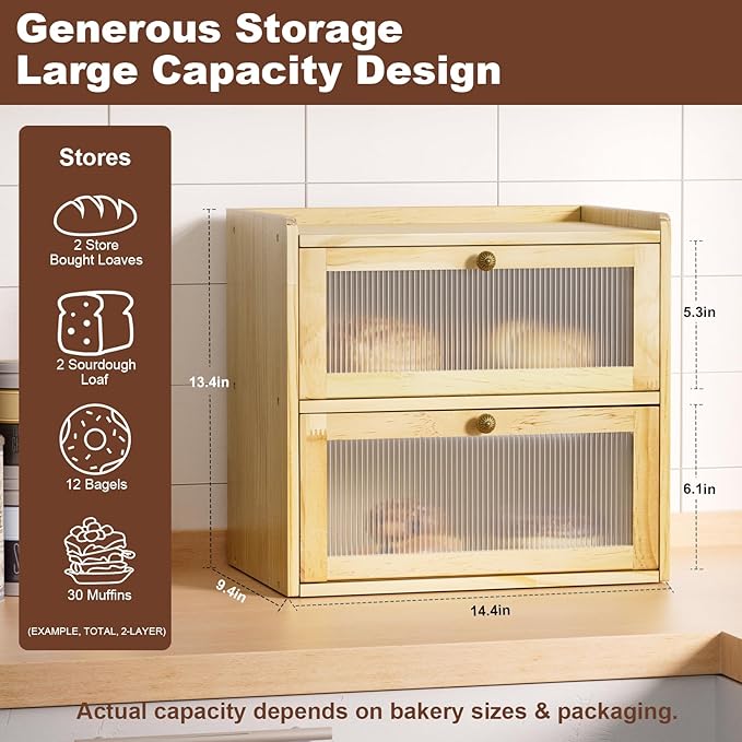 Bread Box for Kitchen Countertop Wooden Bread Storage Container Bin 2 Layer Corner Breadbox Large Capacity, Vintage Farmhouse Food Organizer Pantry Shelf with Window Natural Pine Wood