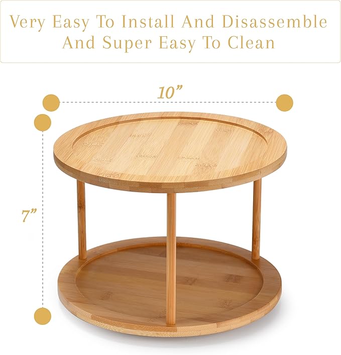 Bamboo Turntable Lazy Susan Rotating Spice Rack (10" Inches) - 2 Tier Spice Rack Organizer for Kitchen Cabinets, Pantry Storage - Durable, Easy Access, Space-Saving Design for Home Organization