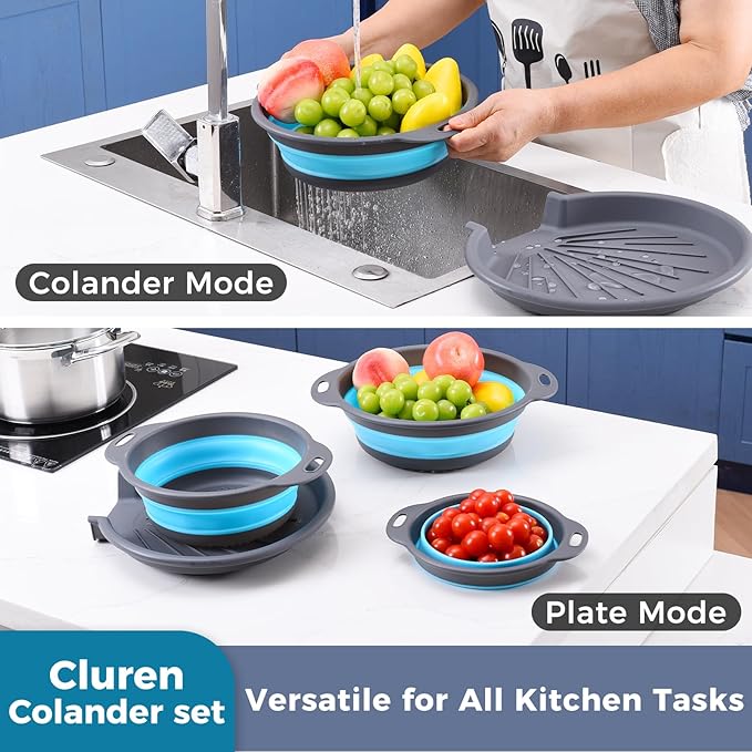 Collapsible Colander Set with Universal Draining Tray | 3-Pack Foldable Kitchen Strainers + Base | Space Saving for Pasta, Veggies, Fruit & Rice | 5 Colors (Gray-Blue)