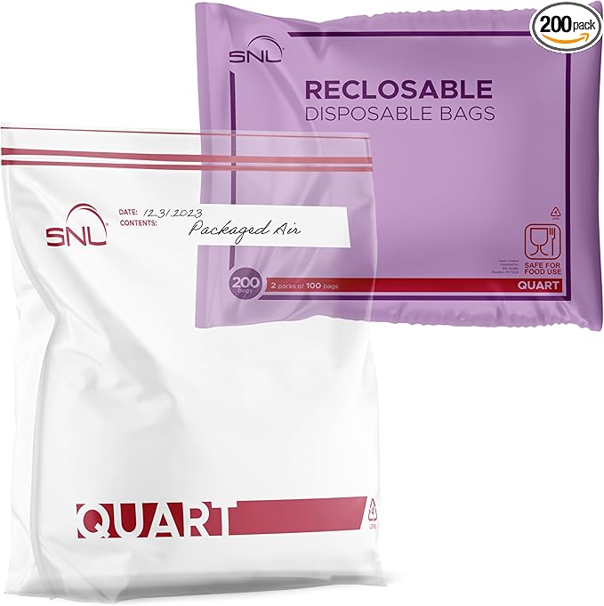 Quart Food Bags by SNL -200 Bags- Leak-Proof, Clear, Write-On Block, Reclosable, Disposable Storage Bags, Double Seal Zippers with Clicking Noise Zip Confirmation, Stand-Alone Gusset, Easy Dispensing