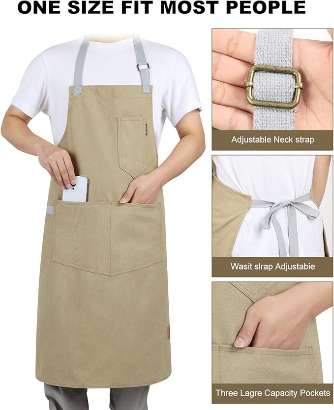 Womens Apron With Pockets Adjustable Shoulder Strap,Apron For Men 38.5" Extra-Long Straps Fit More Body Types,Chef Apron For Kitchen Garden Barbecue Woodworking