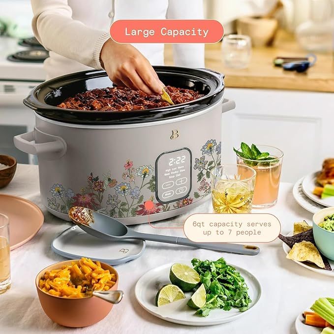 Beautiful 6 Qt Programmable Slow Cooker by Drew Barrymore - 5 Preset Cooking Functions, Digital Countdown Timer, Dishwasher-Safe Parts, and Cool-Touch Handles (Wildflower Porcini Taupe)