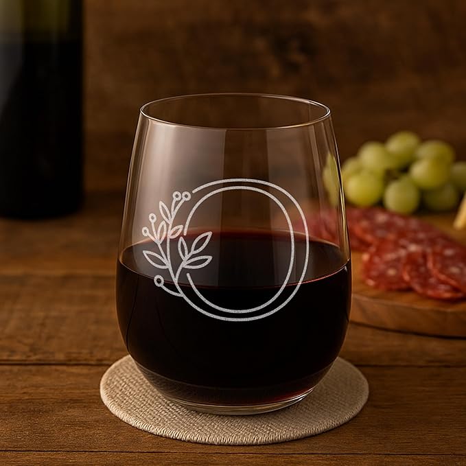 On The Rox Drinks Monogrammed Gifts For Women and Men - Letter A-Z Initial Engraved Monogram Stemless Wine Glass - 17 Oz Personalized Wine Gifts For Women and Men (O)