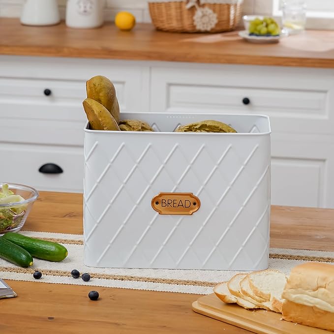 Extra Large Bread Box for Kitchen Countertop Corner Breadbox for Homemade Bread Metal White Rhombus Pattern Embossed Storage Container Bin with Bamboo Lid Fits 2 Loaves of Bread