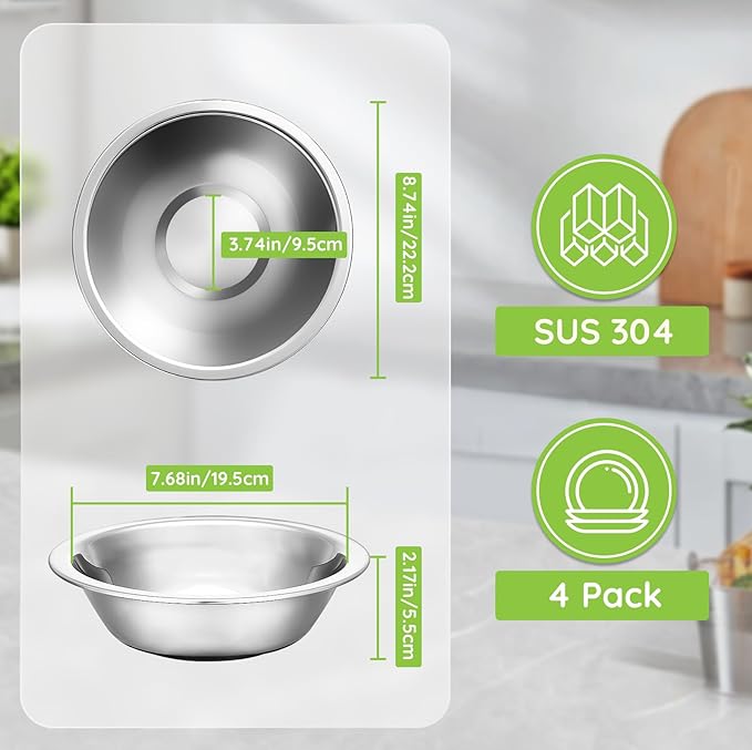 304(18/8) Stainless Steel Mixing Bowls for Kitchen, 4 Pack 8.7" 34.88 fl.oz Metal Mixing Bowls Set Stackable for Baking Serving Cooking Food Prep Storage Dishwasher Safe Heavy Duty