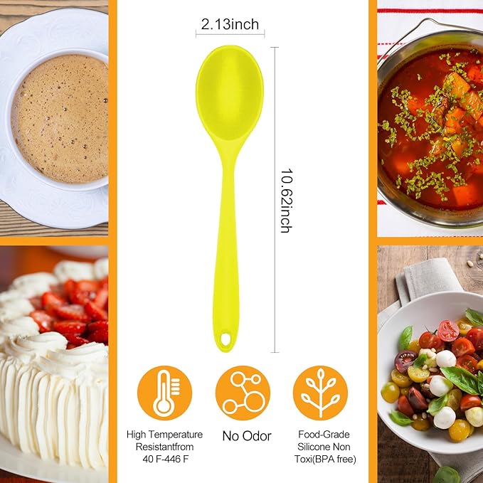2 Pcs Silicone Nonstick Mixing Spoon,10.6Inch Silicone Spoons for Cooking Heat Resistant, Cooking Utensil for Kitchen Cooking Baking Stirring Serving (Yellow)