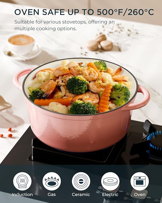 Enameled Cast Iron Dutch Oven - 6QT Dutch Oven Pot with Lid & Cotton Potholders - Heavy-Duty Non Stick Casserole Pot for Braising, Stews, Roasting, Baking, Suitable for All Stovetops, Gentle Pink