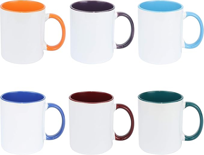 11oz White Ceramic Sublimation Coffee Mug With Solid Colors Inside and Handle, Mixed 6 Colors Option #2 of Blue, Dark Red, Hunter Green, Orange, Purple and Turquoise, Case of 6