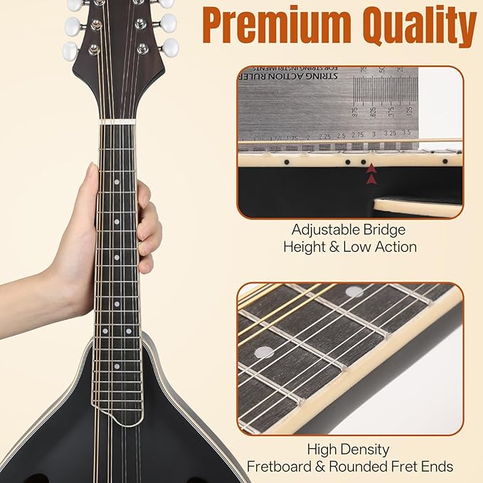 Mandolin Instrument A Style, Acoustic Mandolins Instrument Kit 8 String with Tuner Strap Gig Bag Chord Chart for Professional Beginners Adults Teens Youth Kid(A Style Acoustic Black, 8 String)
