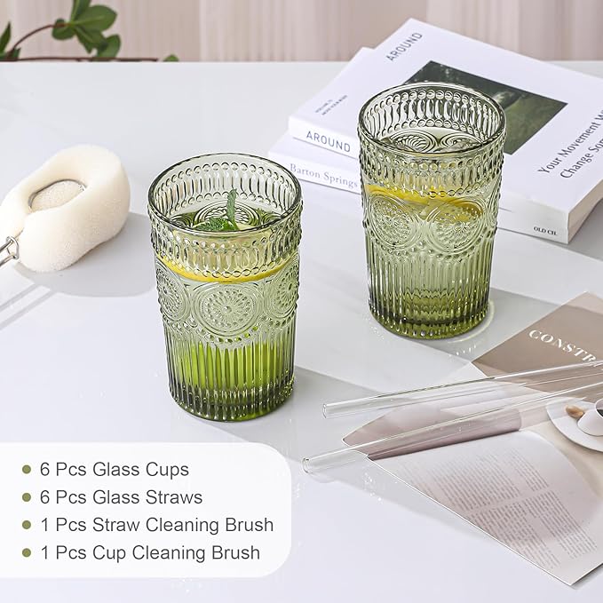 Vintage Glassware Drinking Glasses Set of 6,13 oz Green Textured Flower Design Glass Water Tumblers，Embossed Striped Drinkware for Water,Cocktails,Juice,Iced Coffee