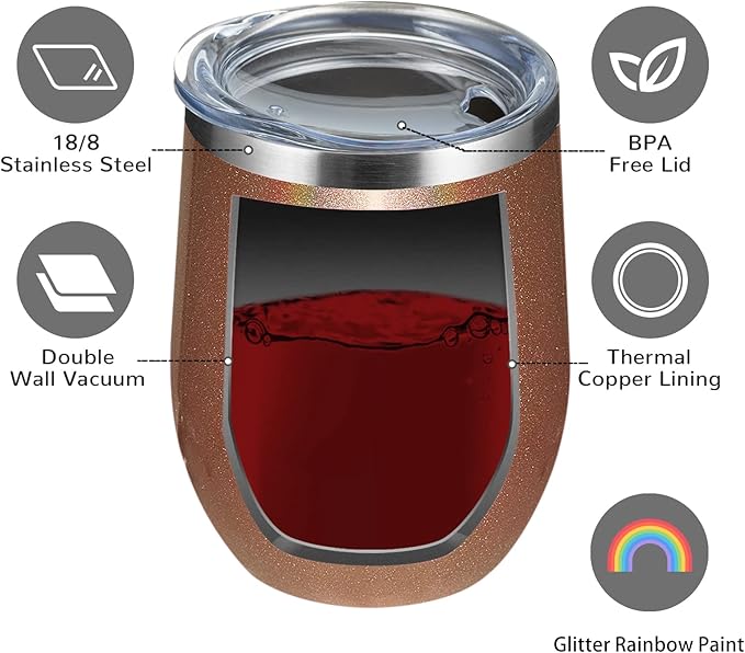 MEWAY Stemless 12 OZ Wine Tumbler Glasses with Lid -Insulated Double Wall Vacuum Stainless Steel Glitter Tumbler with Straw,for Woman Under 10 dollars (Rainbow Rose Gold,1)