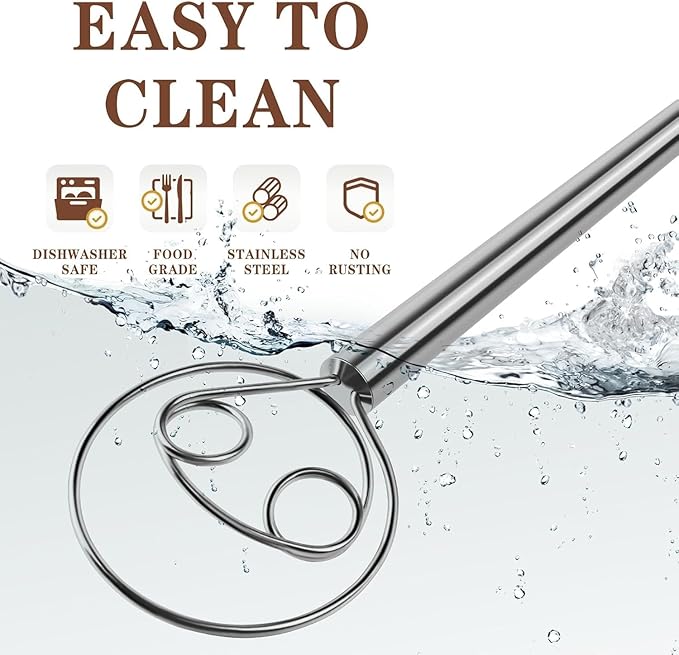 Danish Dough Whisk Stainless Steel Dough Hook Dutch Whisk for Sourdough Bread Dough Mixer Hand Wooden Handle Kitchen Whisking Mixing Tool Bread Making Tools and Supplies (Stainless Steel 2-eye)