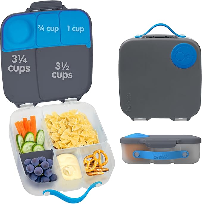 b.box Kids Lunch Box – 4 compartments (2 Leak-proof) Bento Box with Cold Pack & Removable Divider Reusable Snack Containers with Lids, Snack Box for Toddlers & Older Kids 8 1/2 cups (Blue Slate)