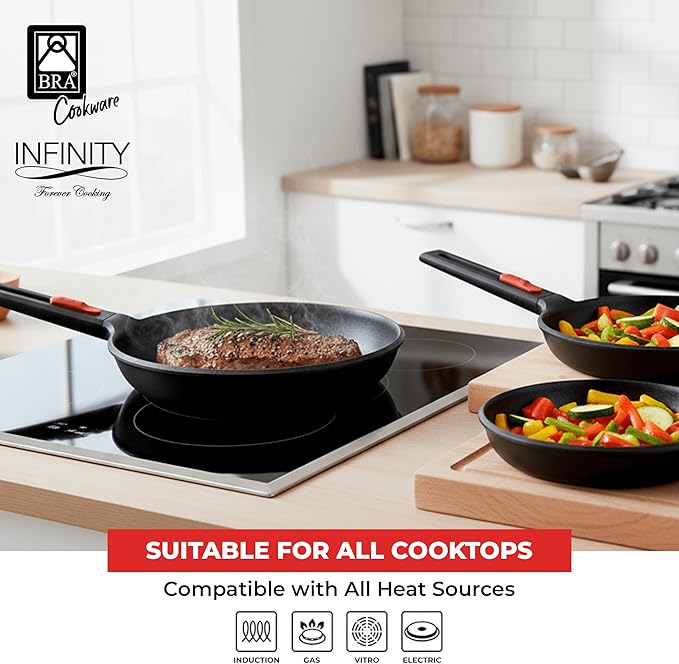 BRA COOKWARE Infinity 3-Piece Nonstick Frying Pan Set | 8, 9.5 & 11 Inch Cast Aluminum Skillet Set | PFOA/PFAS Free Fry Pans | All Cooktops incl. Induction | Oven Safe Searing Skillets