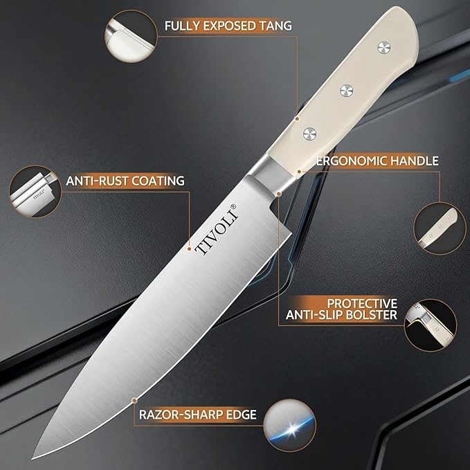 TIVOLI Knife Block Set, 15 PCS Kitchen Knife Set with Block & Sharpener Steel & Kitchen Scissor, High Carbon Stainless Steel Cutlery Knife Set, Ergonomic Wood Handle, Gifts For Cooks, Cream White